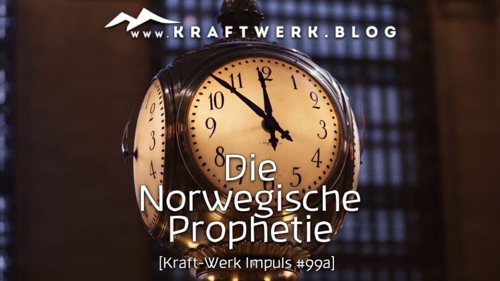 EIne grosse alte beleuchtete Strassenuhr in der Nacht die 5 vor 12 anzeigt. Titelbild zu dem Post „Norwegische Endzeit Prophetie“ - veröffentlicht auf dem www.kraftwerk.blog