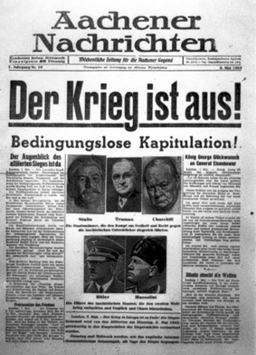 Die Zeitung Aachener Nachrichten aus dem Jahr 1945 mit der Titelzeile „Der Krieg ist aus“ - veröffentlicht auf dem www.kraftwerk.blog