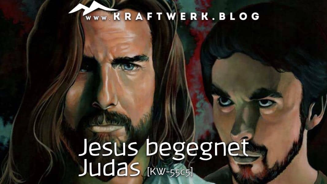 Gemälde von Jesus, und einem Judas der ihn von hinten finster bösartig anschaut. Titelbild zu dem Post „Jesus begegnet Judas“ - veröffentlicht auf www.kraftwerk.blog