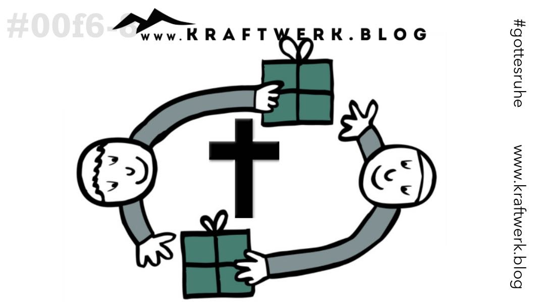 Zwei Figuren, die Pakete tauschen, in der Mitte ein Kreuz. Titelbild zu dem Post „Der Tausch am Kreuz“ - veröffentlicht auf dem www.kraftwerk.blog #00f6-8